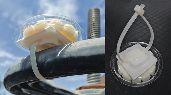 An example of pigeon proofing using dishes with a cable tie attachment